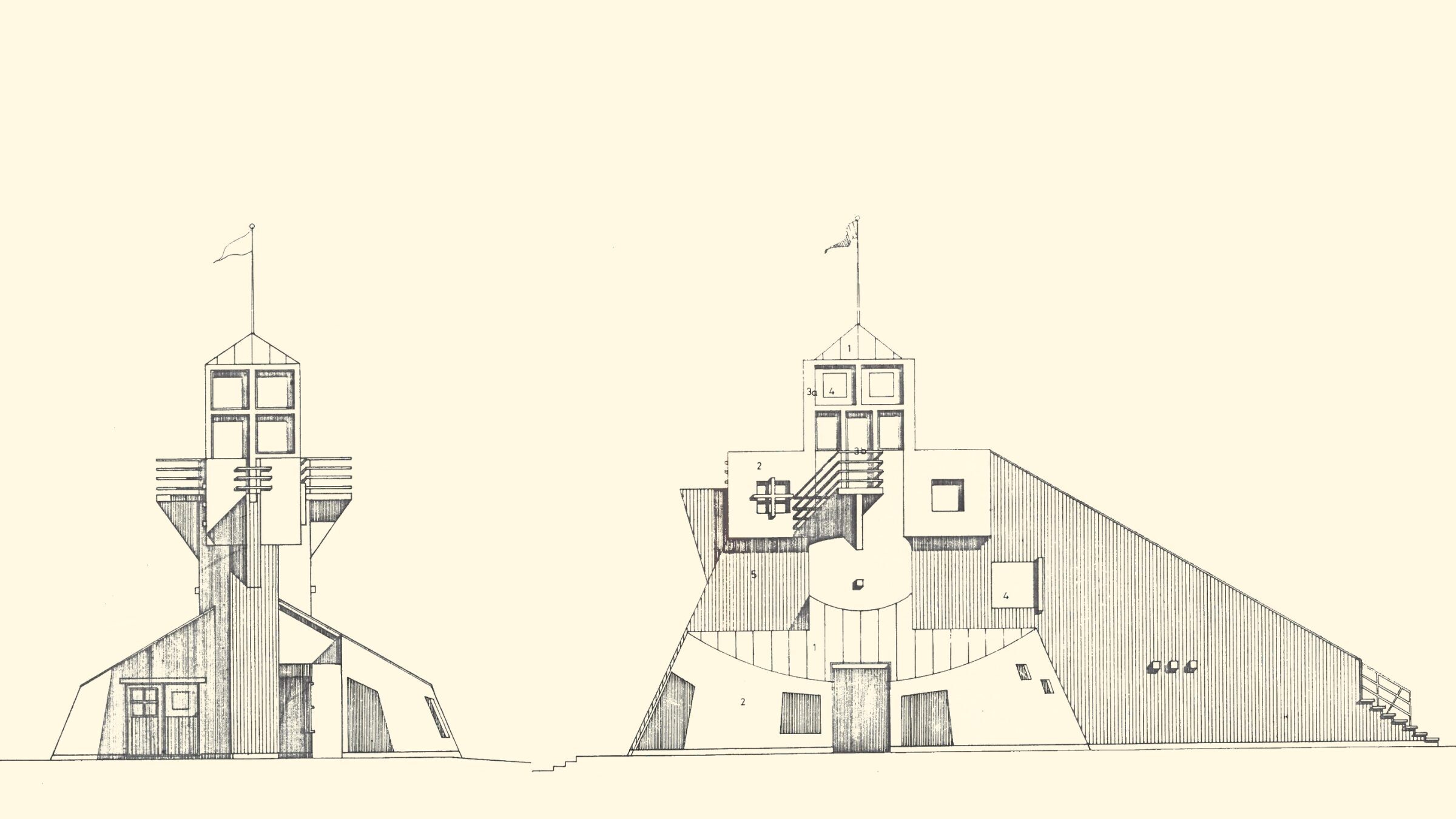 Arkkitehtipiirros erikoisesta rakennuksesta