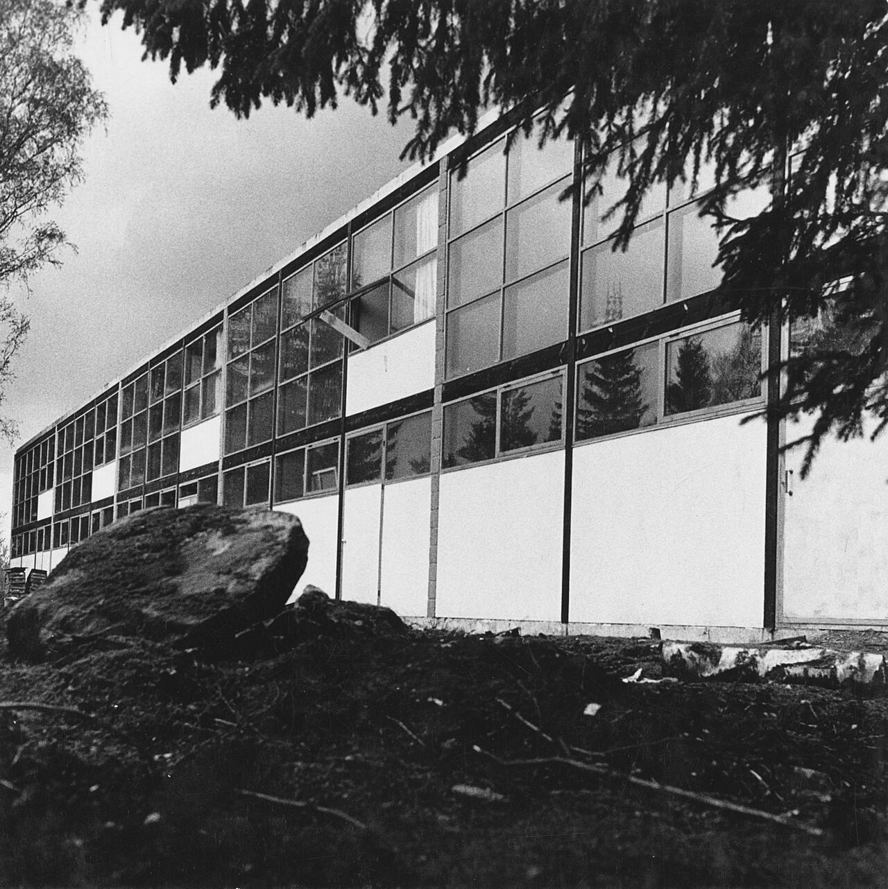 Mustavalkoinen valokuva rivitalon ikkunaseinästä