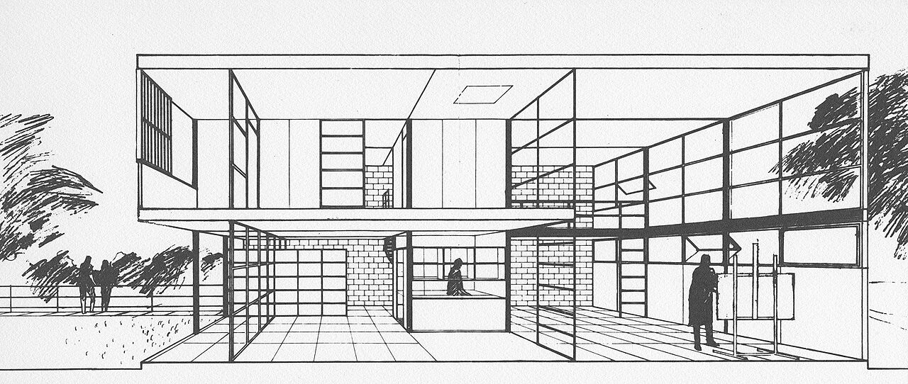 Kirmo Mikkolan suunnitteleman Riihitien taiteilijatalon poikkileikkauskuva,1967