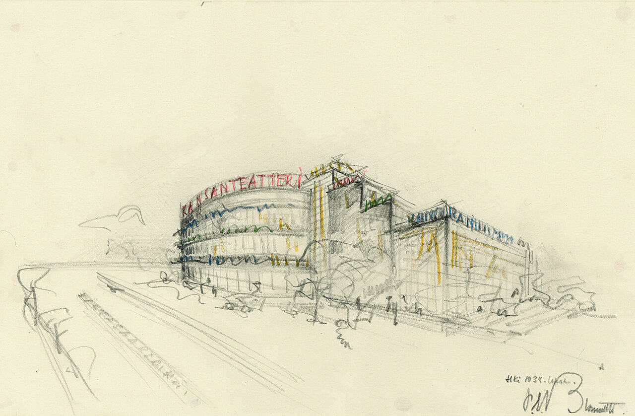 Luonnos kansanteatterista jossa vasemmalla on kaareva julkisivy ja oikealla neliönmuotoinen lasinen sisäänkäynti.