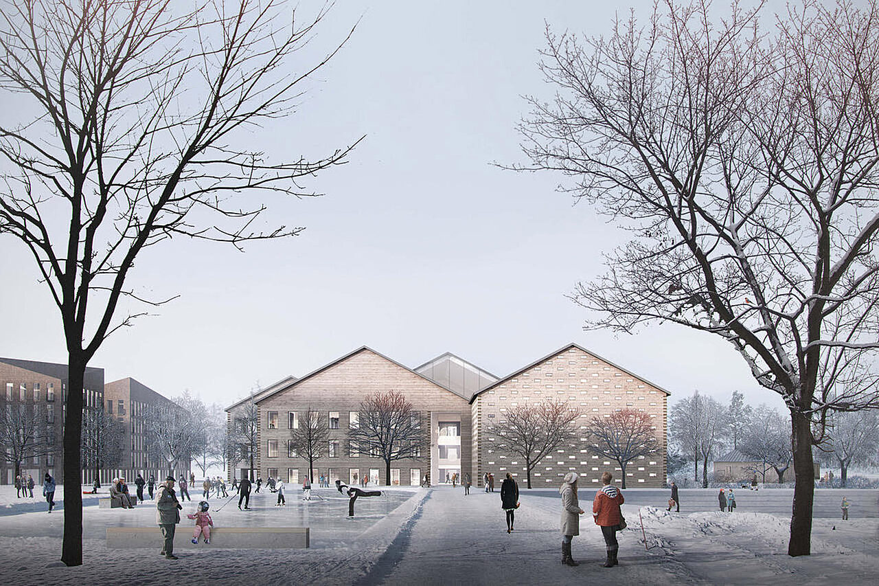 Tietokoneella tuotettu havainnekuva suuresta hirsisestä rakennuksesta ulkoapäin. Kuvassa on talvi ja ihmiset luistelevat rakennuksen edessä. Rakennus koostuu neljästä harjakattoisesta osasta.