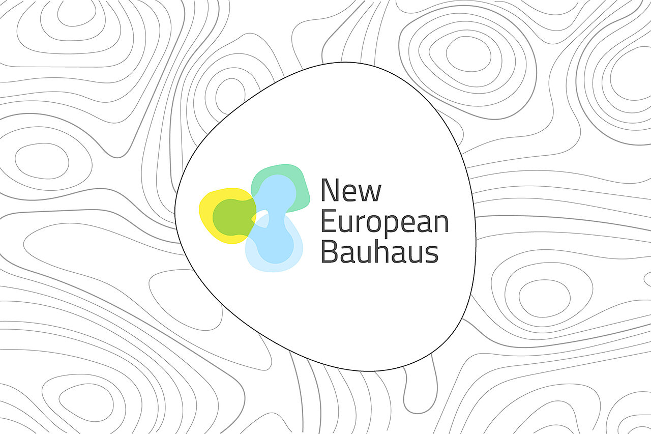 Colourful, abstract logo and a text New European Bauhaus