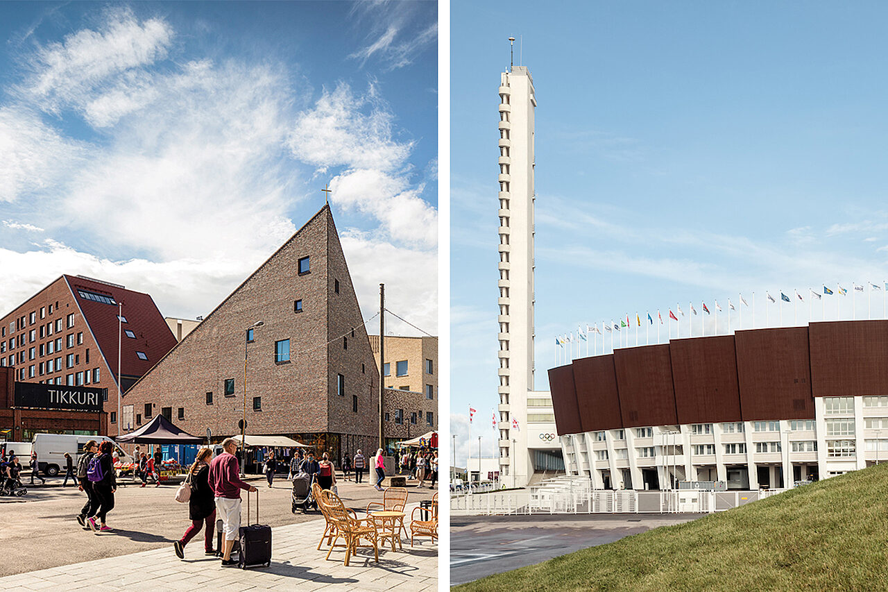 Kahden kuvan kollaasi. Vasemmalla tiilipintainen viiistosti ylös kohoava rakennus, jonka huipuilla on risti. Oikealla osa valkoista suurta rakennusta, jonka reunaa kiertävät eri maiden liput. Rakennuksen vieressä kohoaa valkoinen kapea torni.