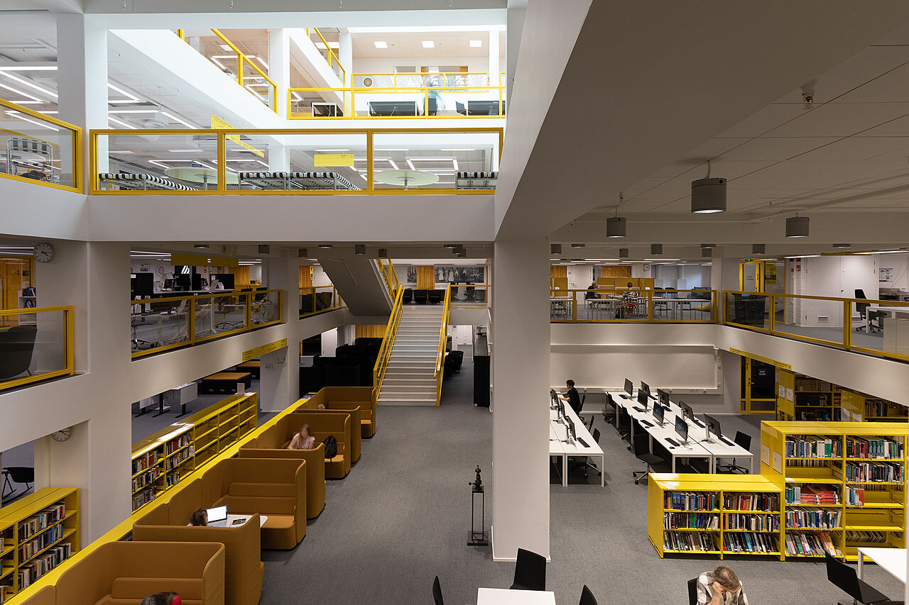 The different floors of the library seen from the large square inside