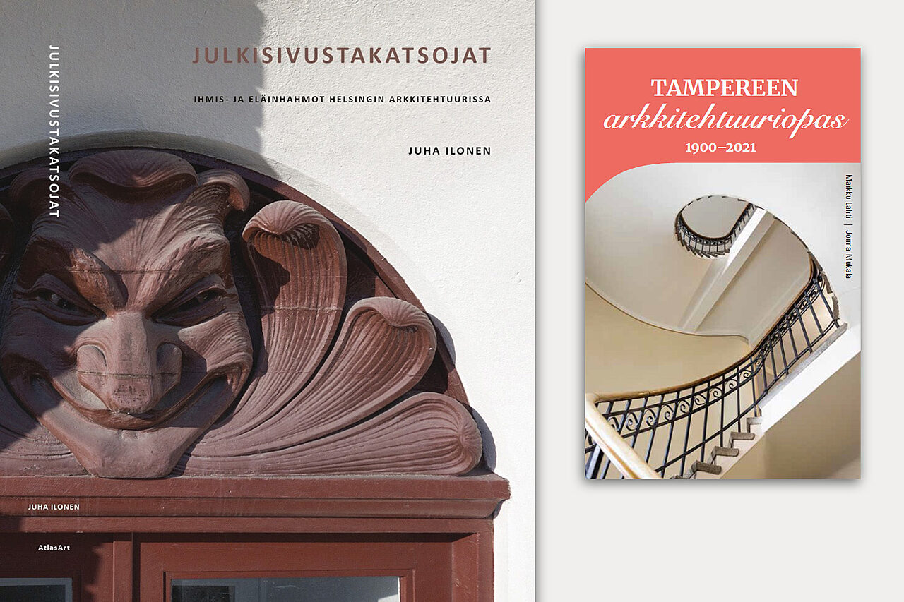 Kaksi kirjan kantta, toisessa lähikuva irvistävää ihmistä esittävästä koristereliefistä, toisessa spiraalimainen porras.