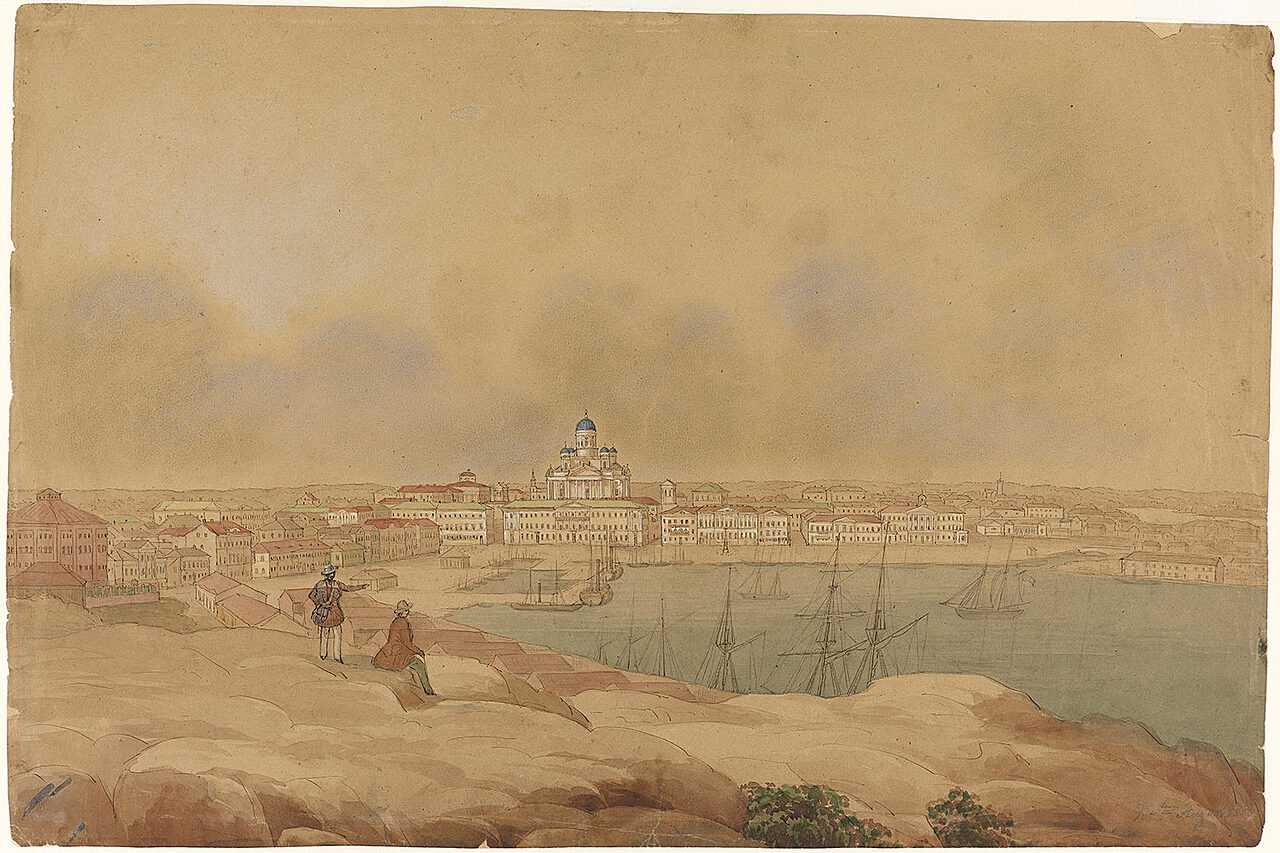 Vanha laveeraus, näkymä kohti merenlahden takana näkyvää kaupunkia ja valkoista kirkkoa. Etualalla kaksi miestä kalliolla ja rannassa vajoja.