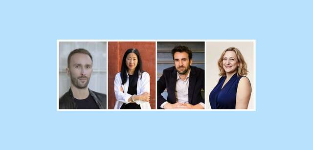 Four portraits on a blue background.