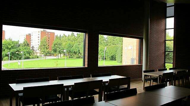 Kuva pimeästä sisätilasta. Tilassa on ikkuna, josta näkyy ulos pihalle