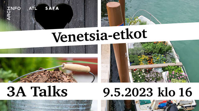 Kuvakollaasi, jossa huussin ovi, kuivikeämpäri ja vene täynnä kukkia.