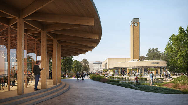 Illustration of a park-like square with pavilion-like buildings.