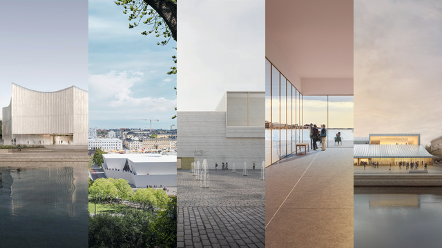 Five-image collage of different museum buildings.