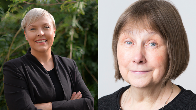 Kuva, jossa on kaksi naista. Toisella on vaaleat, lyhyet hiukset ja toisella on ruskea polkkatukka.