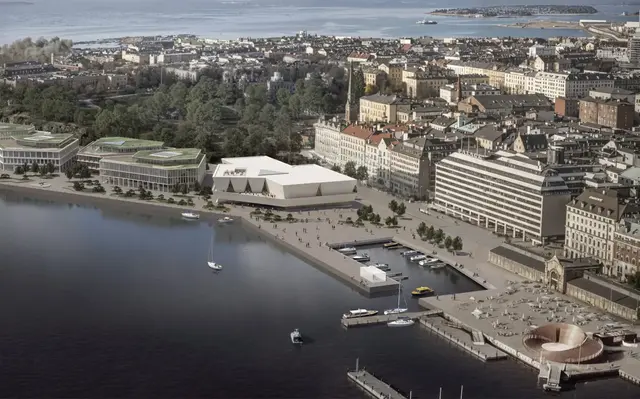 Bird's-eye view rendering of the waterfront city.