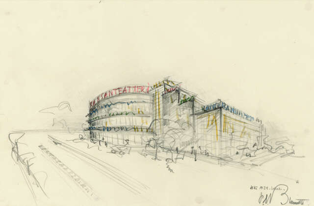 Luonnos kansanteatterista jossa vasemmalla on kaareva julkisivy ja oikealla neliönmuotoinen lasinen sisäänkäynti.