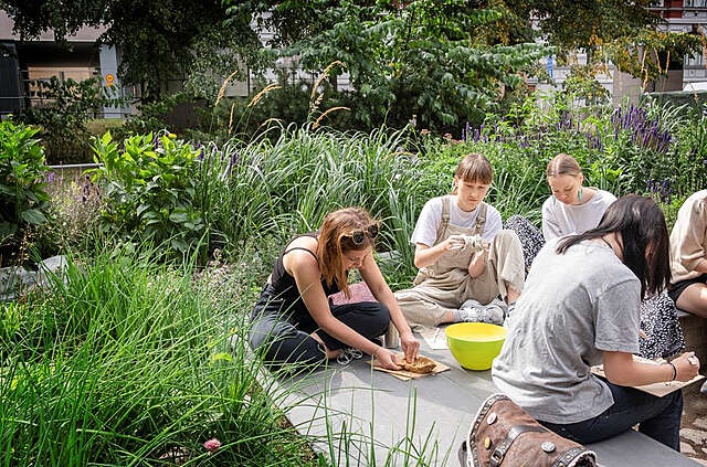 Ryhmä ihmisiä tekemässä savitöitä maassa. Heitä ympäröi runsaasti kasveja.