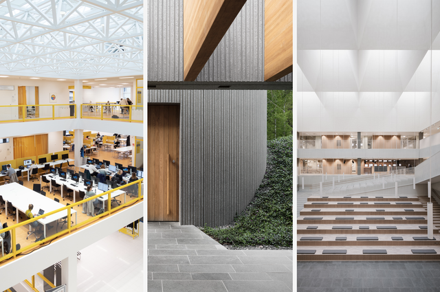 Collage of three photos: library, sauna building from the outside, school lobby
