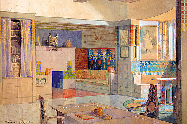 Akvarellimaalaus jugend-tyylillä sisustetusta huoneesta. Huoneessa on koristeelliset seinämaalaukset, takka ja huonekalut. Etualalla on pöytä, jonka ääressä on kaksi tuolia. Ikkunan äärellä on erkkeri, jossa on istumapaikka. Huoneen perällä on takkanurkkaus ja kirjavilla verhoilla piilotettu kirjahylly.