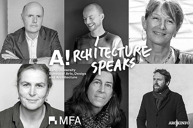 Mustavalkoinen kuvakollaasi luentosarjan puhujista. Keskellä teksti "Architecture Speaks" ja yhteistyötahojen nimet.