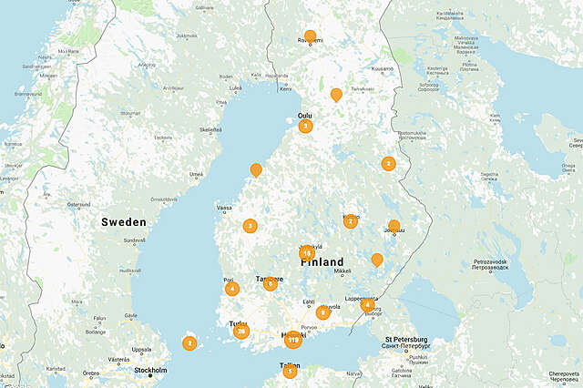 Kartta, jossa näkyy Finnish Architecture Navigatorin kohteiden sijainnit eri puolilla Suomea.