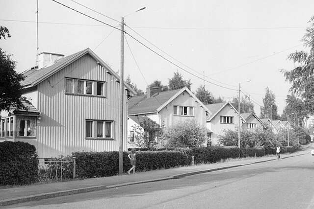 Vanha mustavalkoinen kuva puutaloista kadun varrella