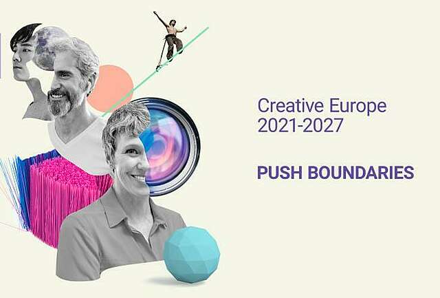 Kuva, jossa kasvoja graafisia elementtejä. Kuvassa teksti Creative Europe 2021-2027 Push Boundaries