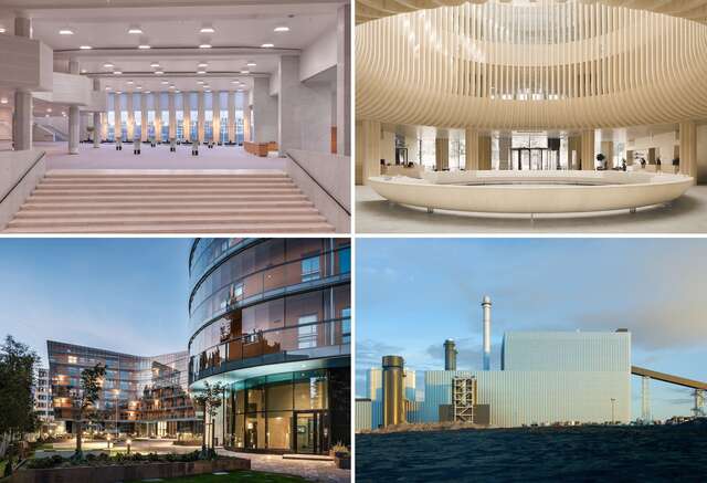 Kuvakollaasi neljästä erilaisesta rakennuksesta