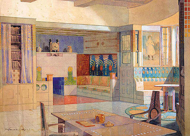 Pehmein sävyin väritetty piirros huoneesta, jossa erilaisia huonekaluja.