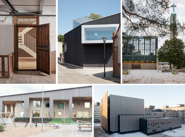 A five-image collage of different buildings