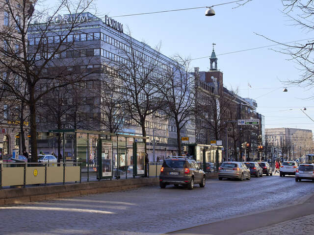 Katunäkymä, autoja ja lehdettömiä puita rakennusten edessä.