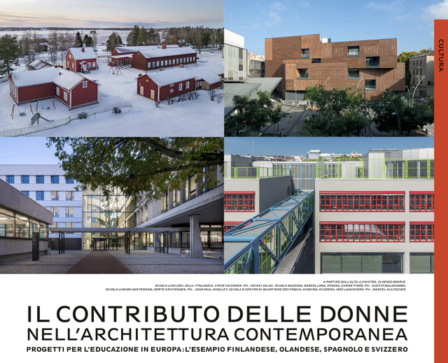 Four-photo collage of different school buildings.