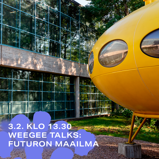 Kuva keltaisesta Futuro-talosta WeeGeen pihalla