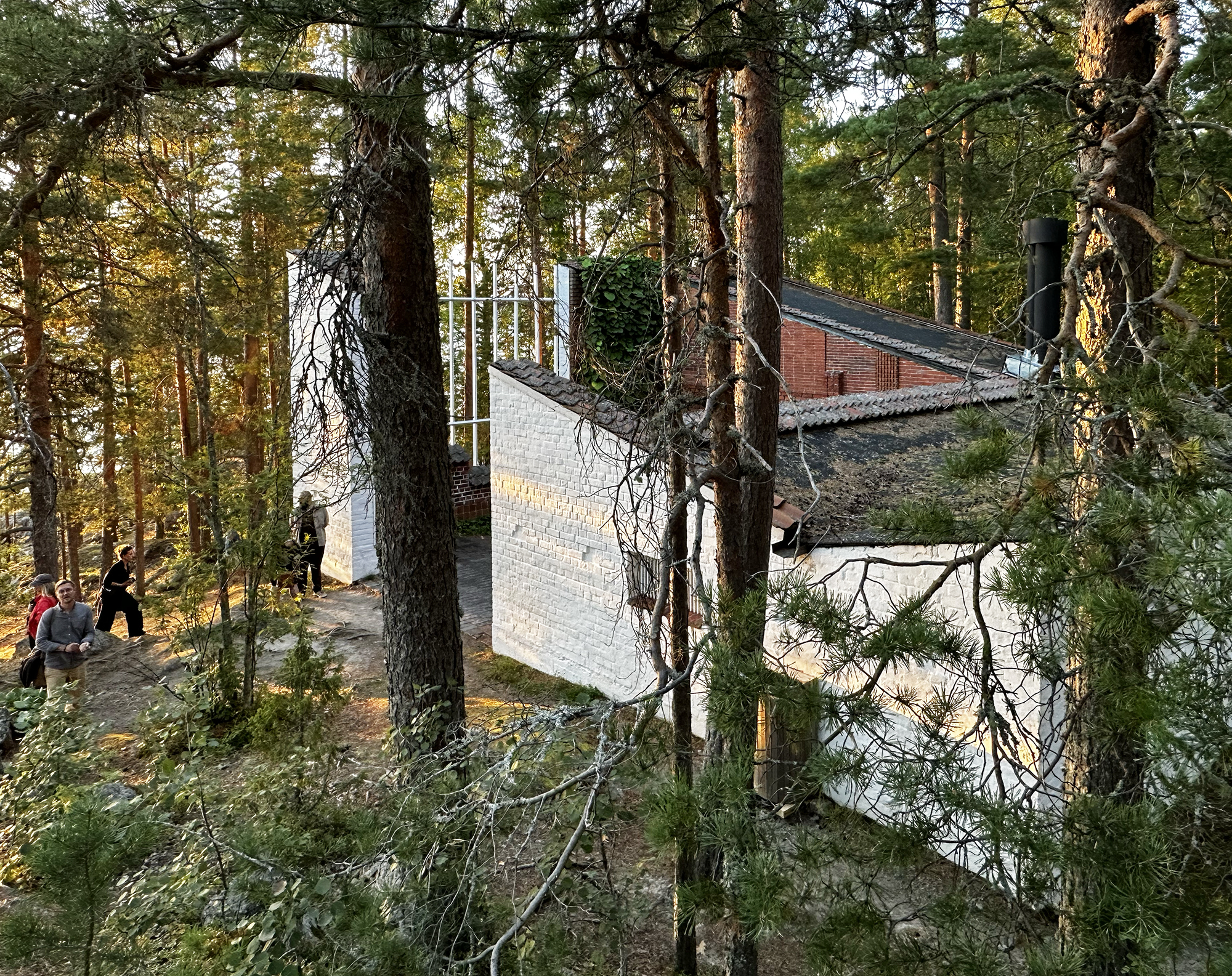 Yläviistosta otettu kuva valkoisesta rakennuksesta mäntymetsän läpi. Talon edustalla ihmisiä,
