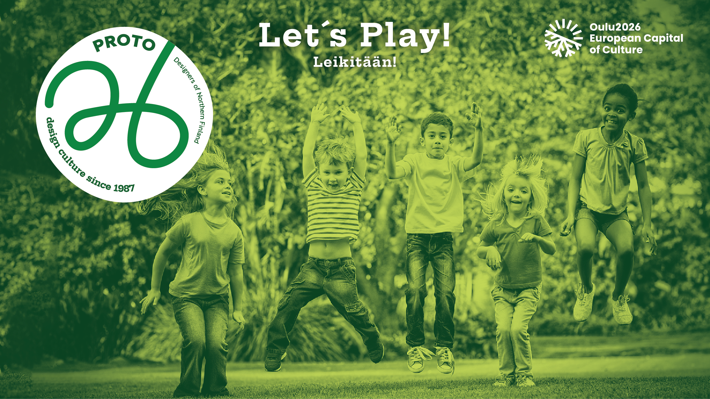 Vihreä kuva verkkosivuilta, lapsia hyppimässä