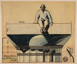 Zeuksen temppelin doorilainen kapiteeli ja ilmeisesti arkkitehti itse, Olympia, Ateena, luonnos, Usko Nyström 1905. Orig. MFA.