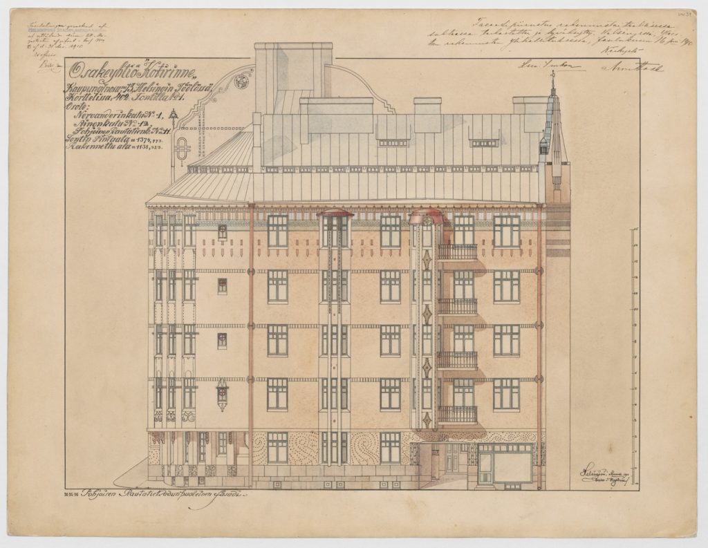 Apartment house Kotirinne, Pohjoinen Rautatiekatu 11 – Nervanderinkatu 1 – Ainonkatu 4, Helsinki, facade towards Pohjoinen Rautatiekatu, Usko Nyström 11/1910. Orig. MFA.