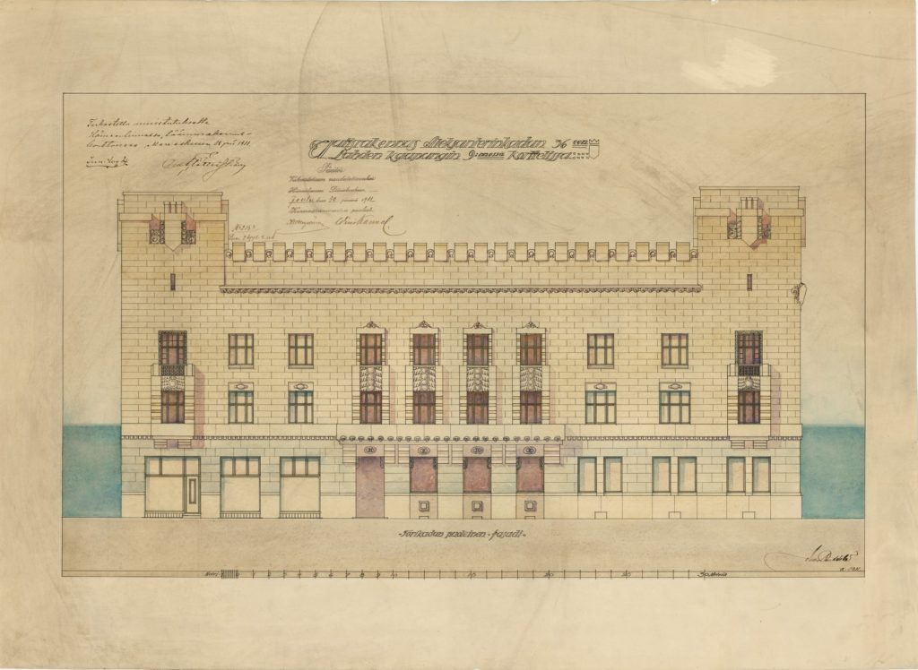 Kansallis-Osake-Pankki bank, Aleksanterinkatu 10 – Torikatu 1, Lahti, facade towards the market square, Vilho Penttilä 9/1911. Orig. MFA.