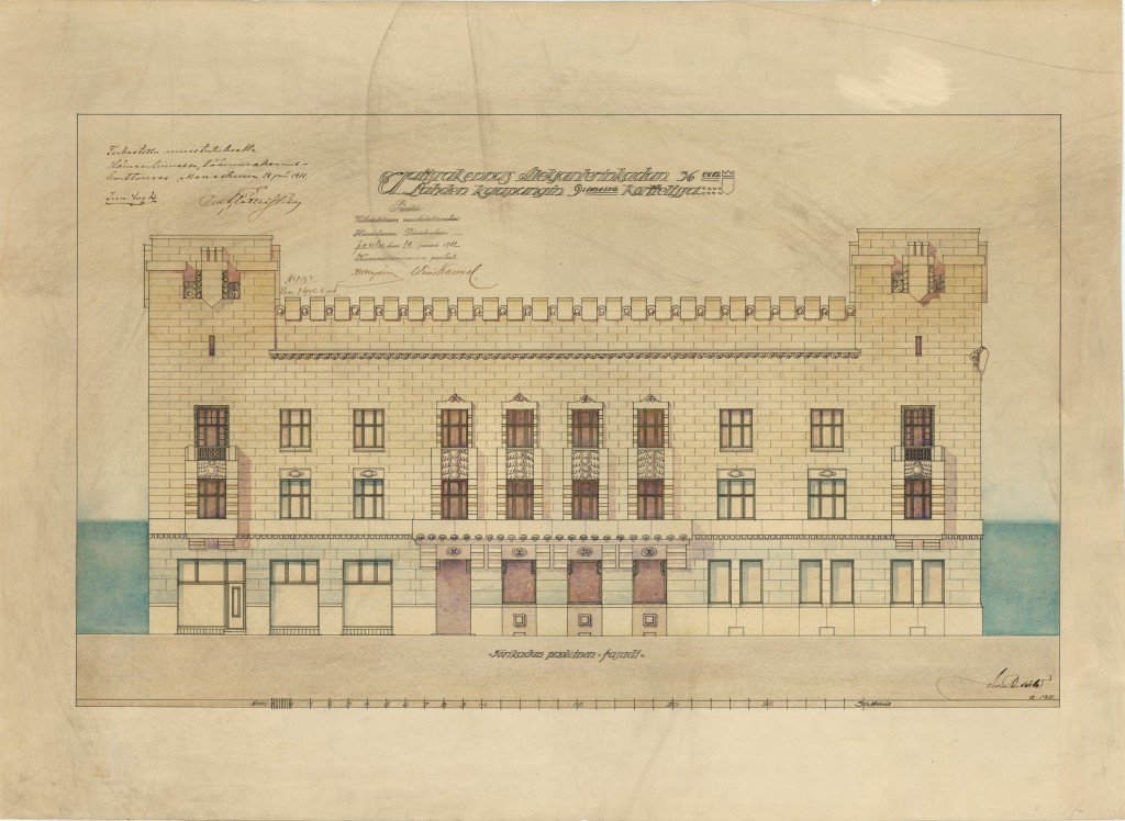 Kansallis-Osake-Pankki, Aleksanterinkatu 10 – Torikatu 1, Lahti, torijulkisivun piirustus, Vilho Penttilä 9/1911. Orig. MFA.