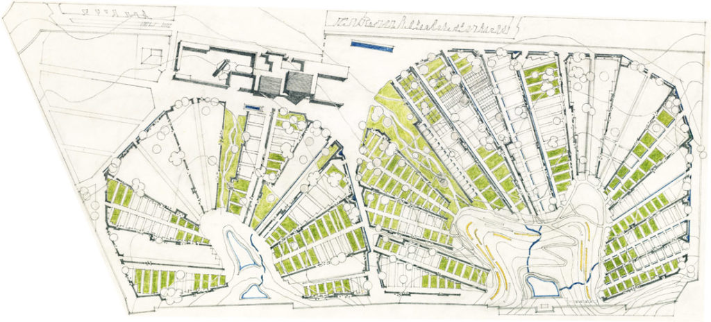 Lyngby-Taarbaek cemetary and funeral chapels, Denmark, Alvar Aalto and Jean-Jacques Barüel 1951. The cemetary descends gradually to form two amphitheatre-like valleys, the chapel building is sited at the ridge between them. Alvar Aalto Museum / Collection.