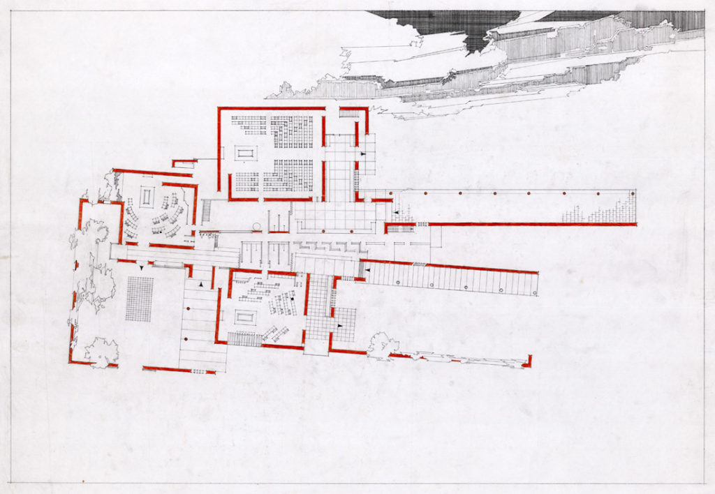 Malmi funeral chapel, Alvar Aalto 1950. Principal floor. The arrows illustrate the internal circulation in the building. Alvar Aalto Museum / Collection.