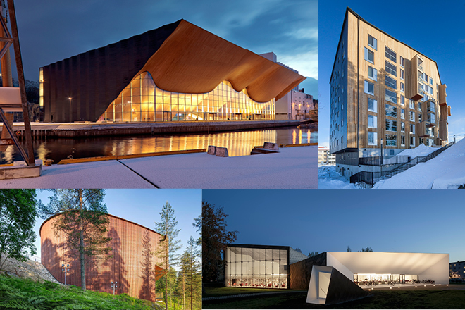 Collage of the four Finnish projects on display at the Nordic Pavilion: Kilden (ALA Architects, photo Iwan Baan); Puukuokka Housing Block (OOPEAA, photo Mikko Auerniitty); Finnish Nature Centre Haltia (Lahdelma & Mahlamäki Architects, photo Mika Huisman); Seinäjoki City Library (JKMM Architects, photo Tuomas Uusheimo).