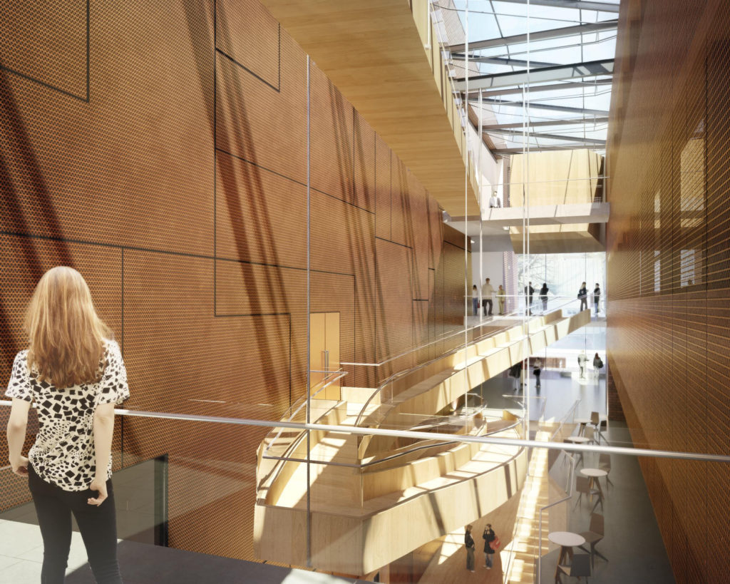 Lobby area of the Tampere Music Academy. Kouvo & Partanen Architects.