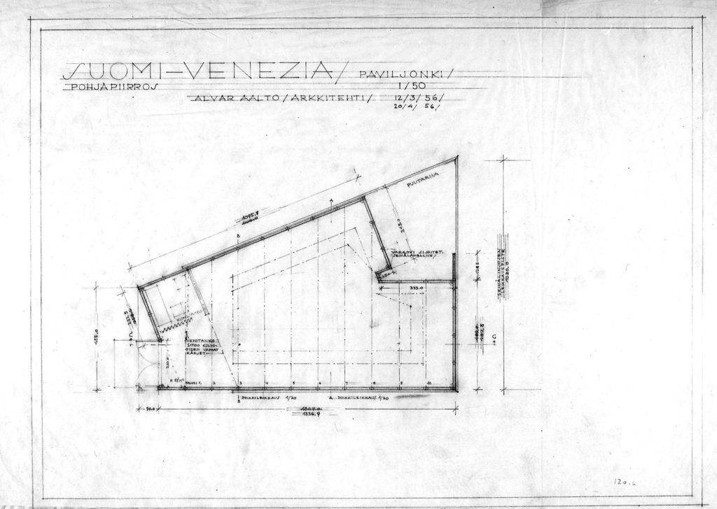 Plan of the pavilion. Drawing dated 12 March and 20 April, 1956. © Alvar Aalto Foundation