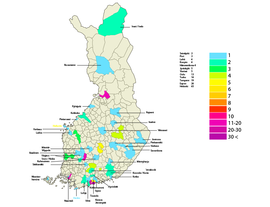 Uusien arkkitehtuurikasvattajien "levinneisyyskartta" Sinustako arkkitehtuurikasvattaja -kyselyn perusteella. 