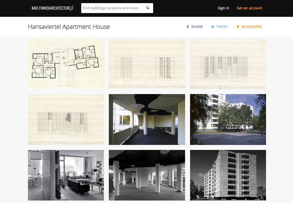 Finnish Architecture Navigator screen capture, example Hansaviertel