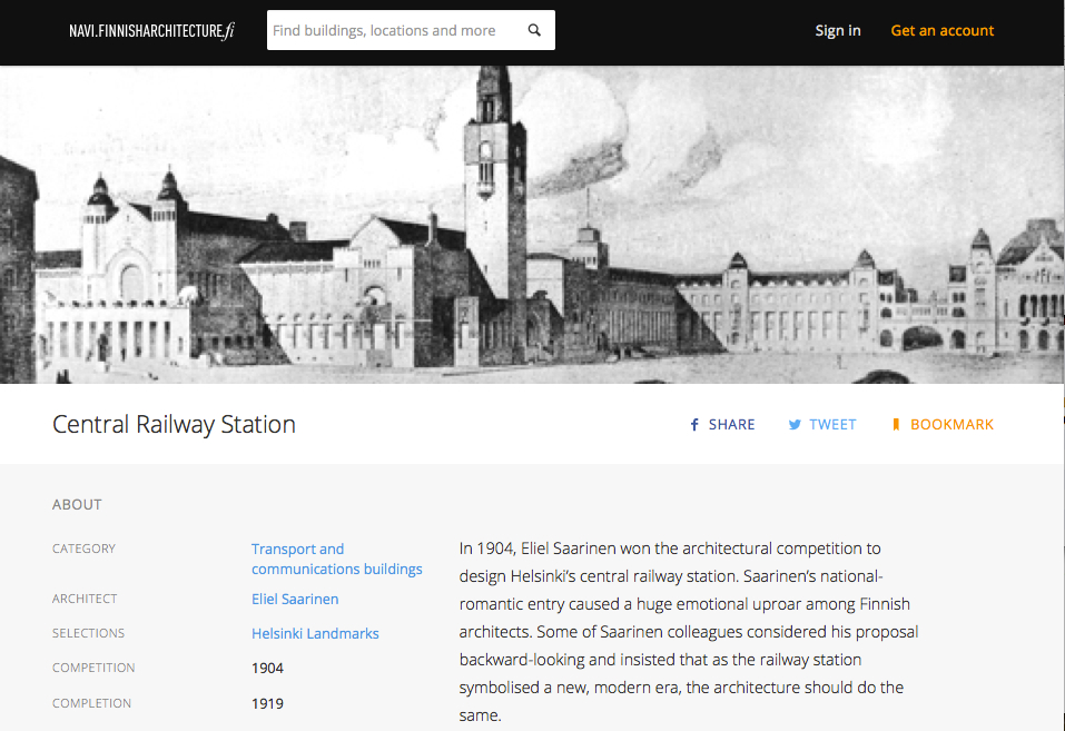 Finnish Architecture Navigator screen capture, example Helsinki railway station