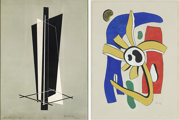 vasemmalla: László Moholy-Nagy, Kestnermappe Nr.6, 1923. kuva: Kansallisgalleria / Jenni Nurminen; oikealla: Fernand Léger: Etoile jaune, 1937. kuva: Mairea-säätiö / Rauno Träskelin