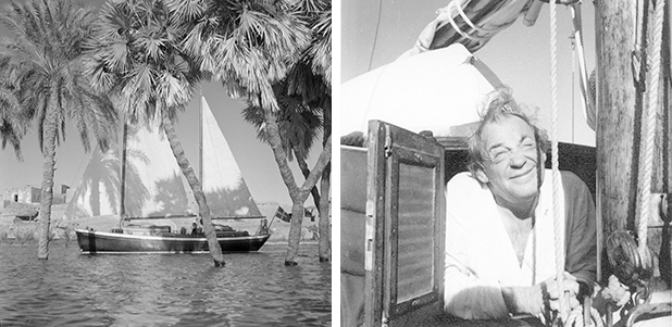 vasemmalla: Daphne-purjevene, jonka Aalto kastoi Aurinkolaivaksi. oikealla: Alvar Aalto kurkistaa Daphne-purjeveneen kajuutasta tammikuun ensimmäisen päivän aamuna vuonna 1955. kuvat: Göran Schildt / Christine ja Göran Schildtin säätiöSchildtin säätiö.