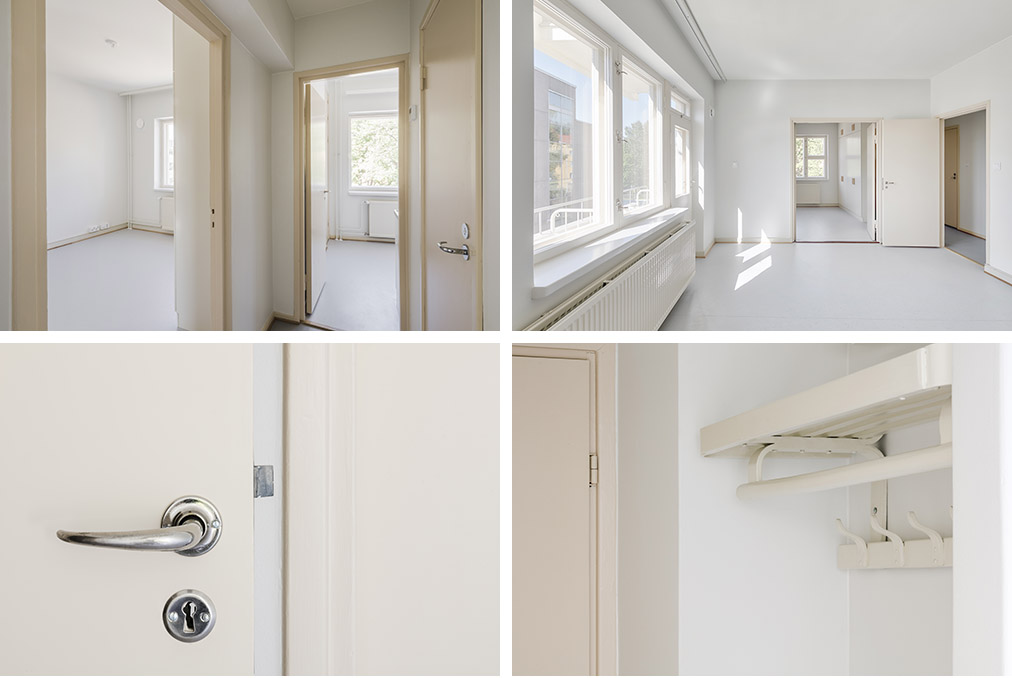 Details of the renovated apartments: door handles, door frames and hat racks.