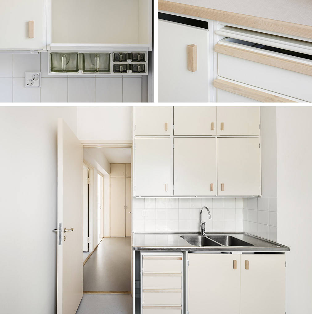 Details from the refurbished kitchen. Integrated spice shelf with glass compartments, wooden door nubs.