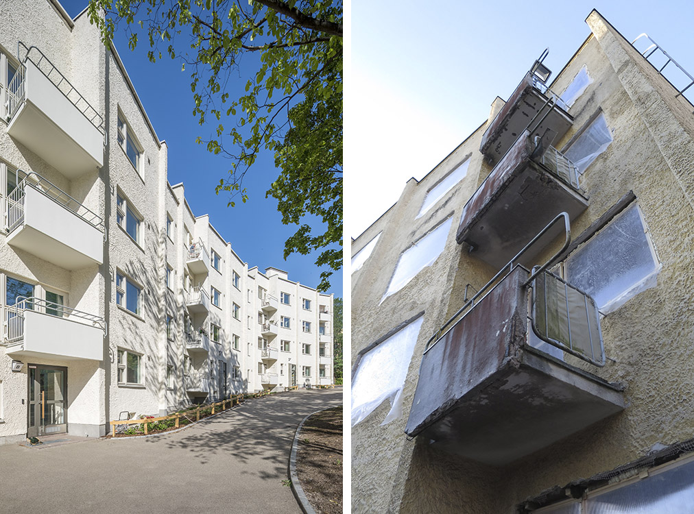 Two pictures of the renovated balconies before and after. 